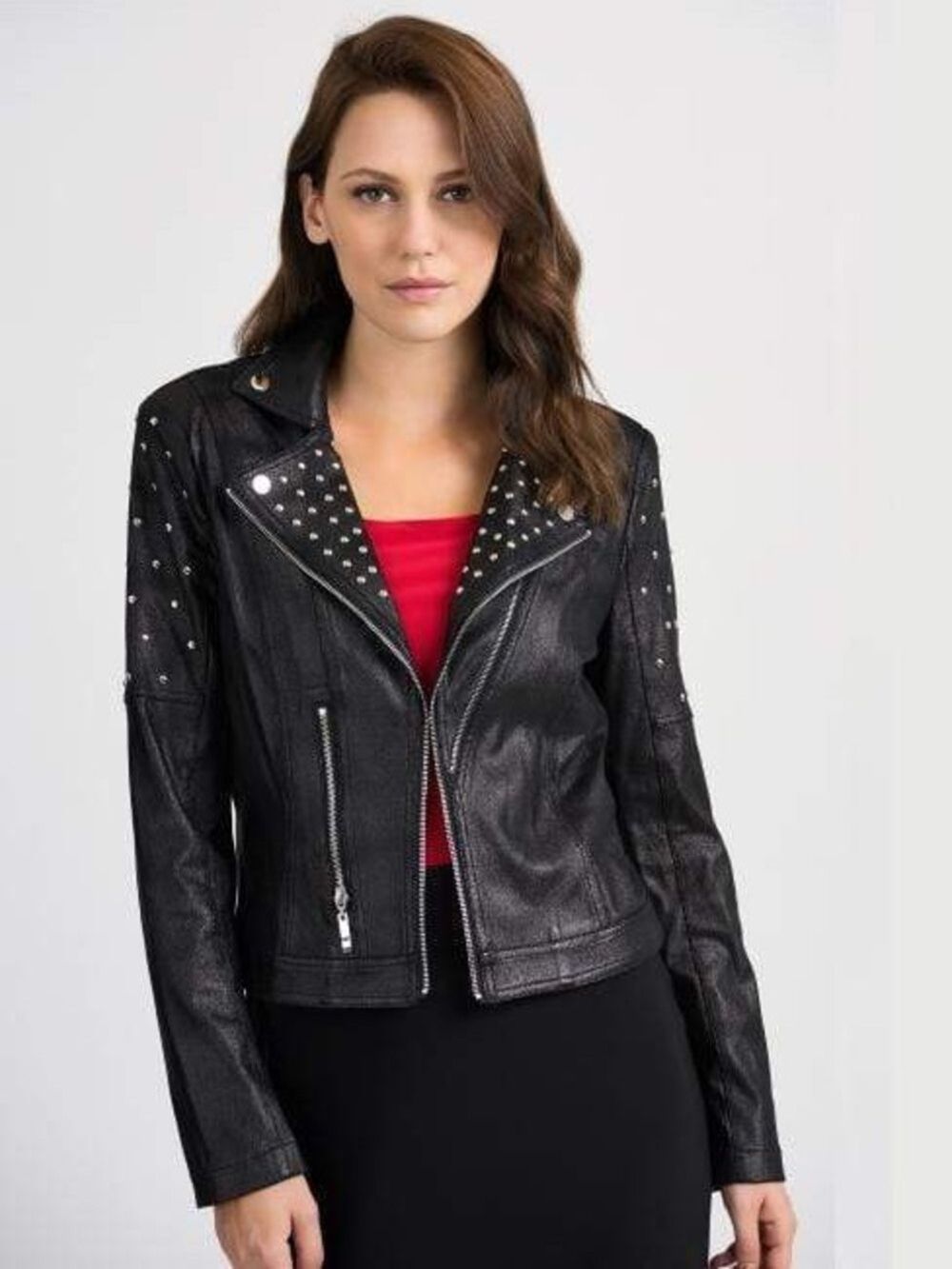 Joseph‎ Ribkoff Studded Black Biker Moto Jacket Silver Studs Medium
